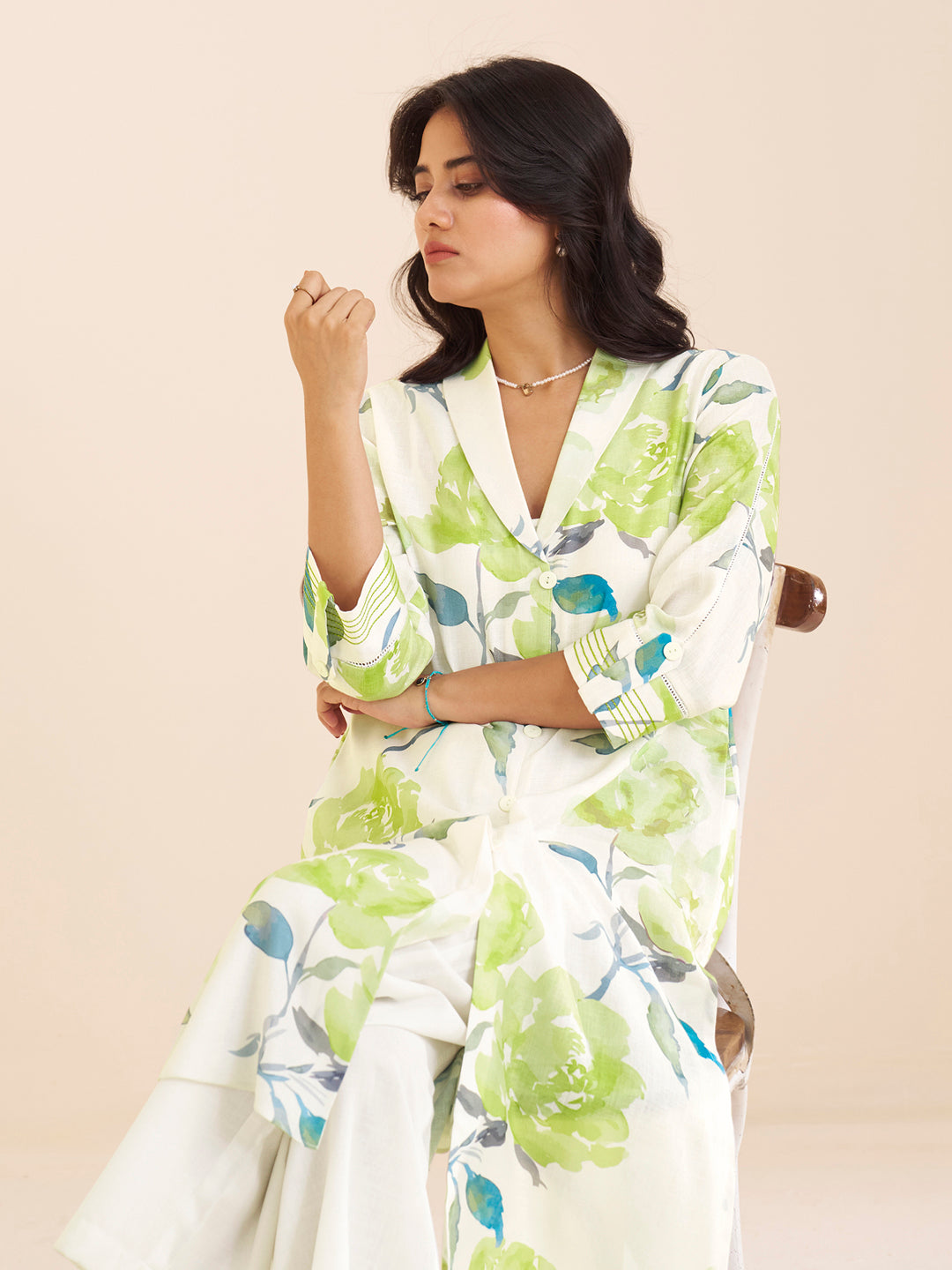 Elegant White Linen Blend Kurta with Green Floral Print