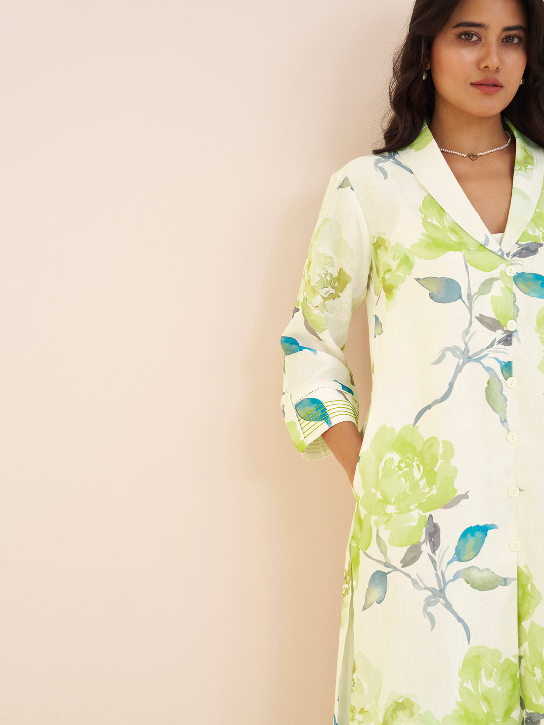 Elegant White Linen Blend Kurta with Green Floral Print