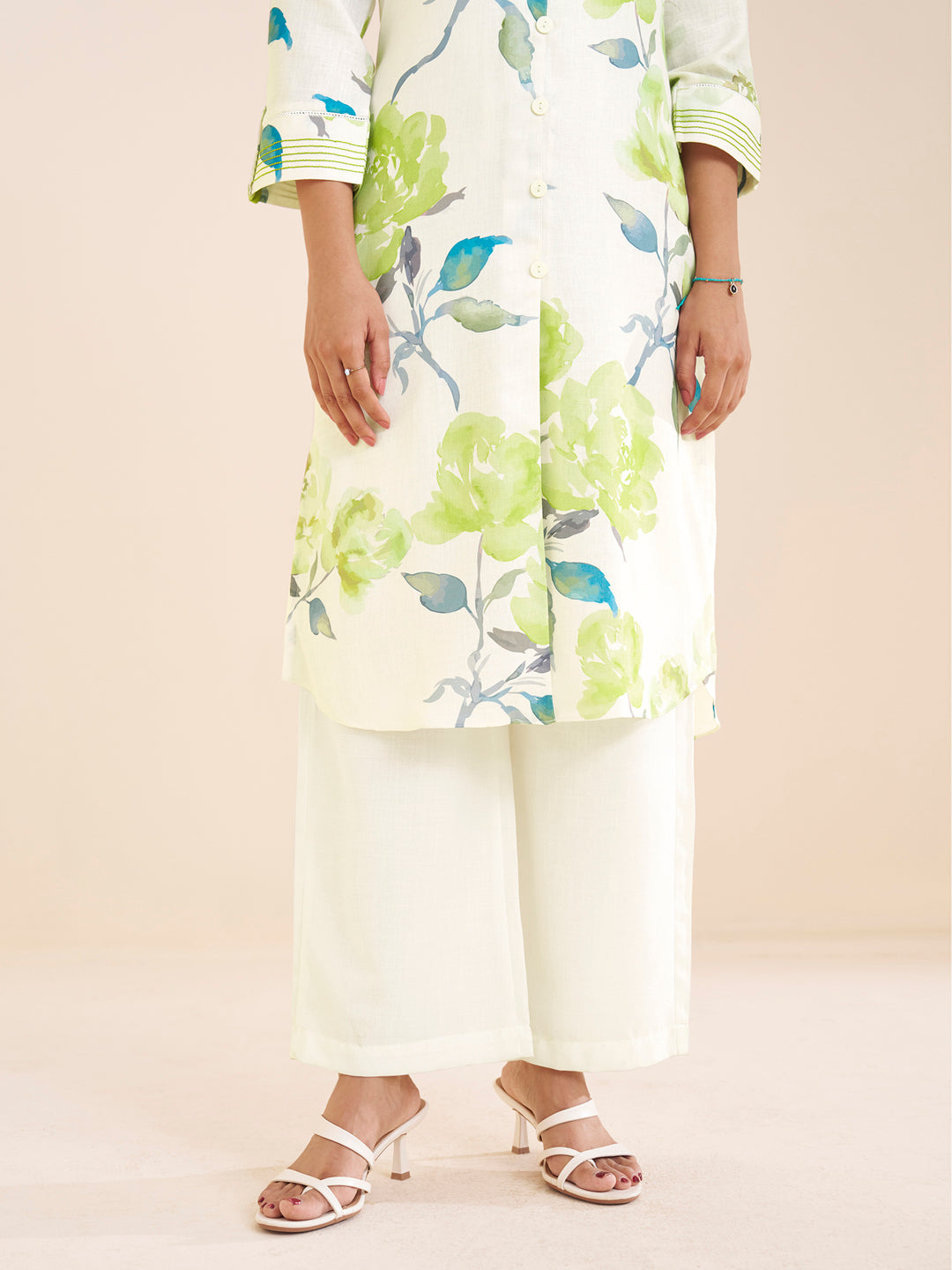 Elegant White Linen Blend Kurta with Green Floral Print