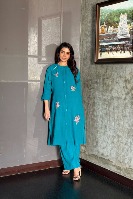 Midnight Teal Embroidered Viscose Blend Kurta Set