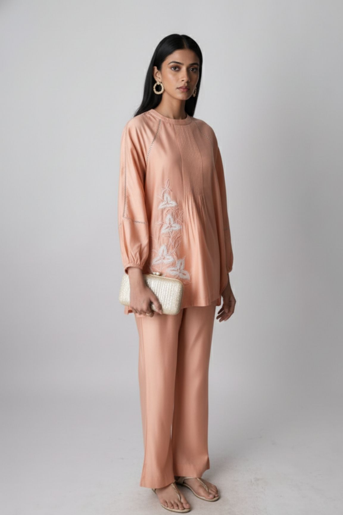 Peach Floral Embroidered Satin Co-ord Set