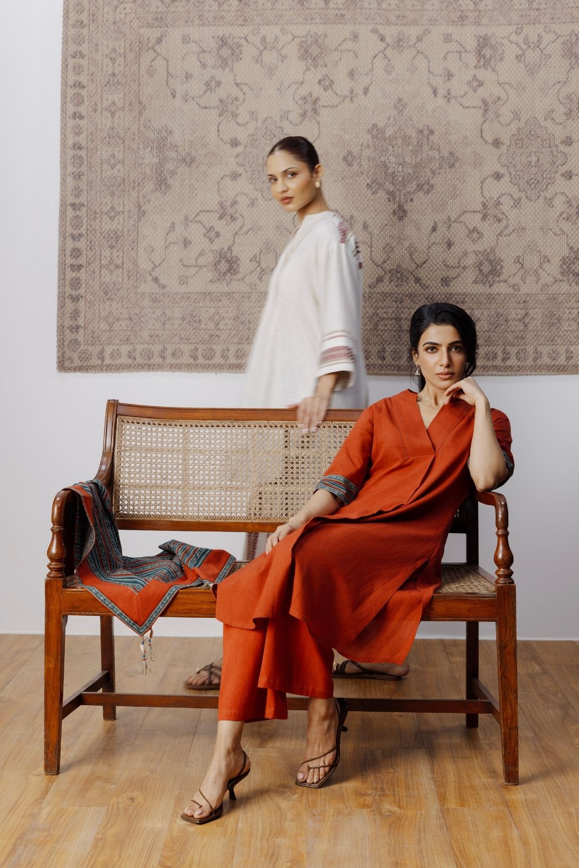 Cream & Maroon Handwoven Striped Cotton Kurta Set