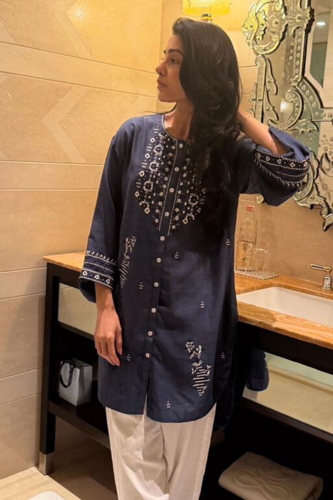 Denim Blue Embroidered Straight Kurta with Palazzos