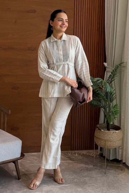 Off-White 100% Cotton Textured Blend Peplum Co-ord Set