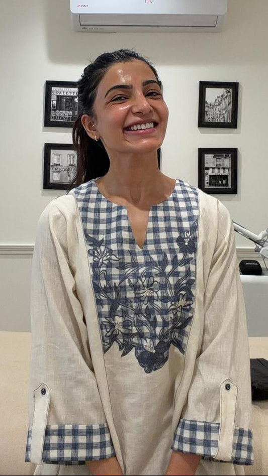 Beige and Navy Handloom Cotton High-Low Dress