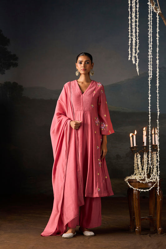Rose Pink Floral Embroidered Anarkali Set With Dupatta