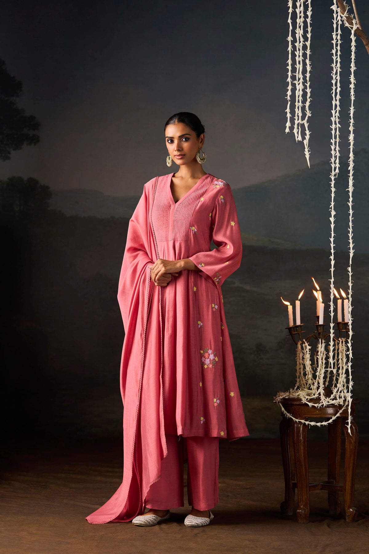 Rose Pink Floral Embroidered Anarkali Set With Dupatta