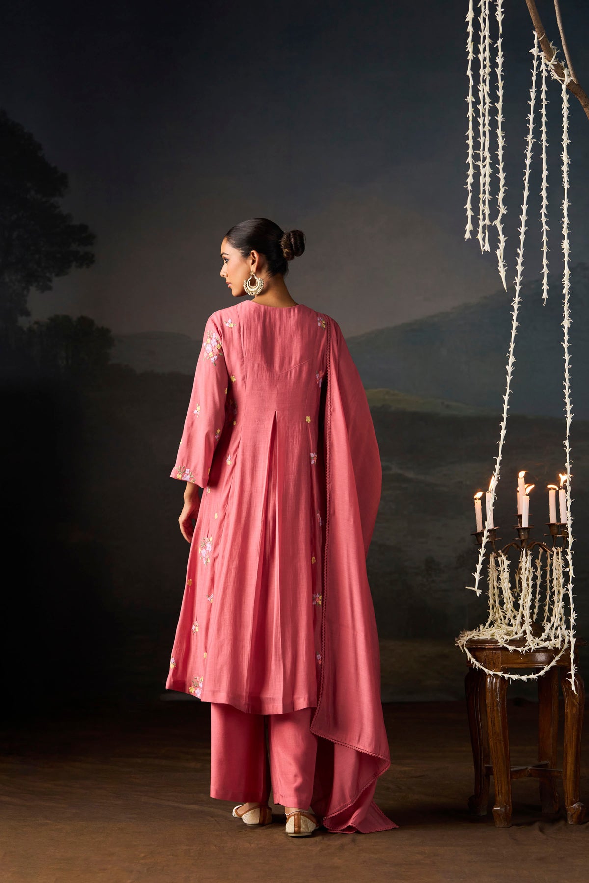Rose Pink Floral Embroidered Anarkali Set With Dupatta