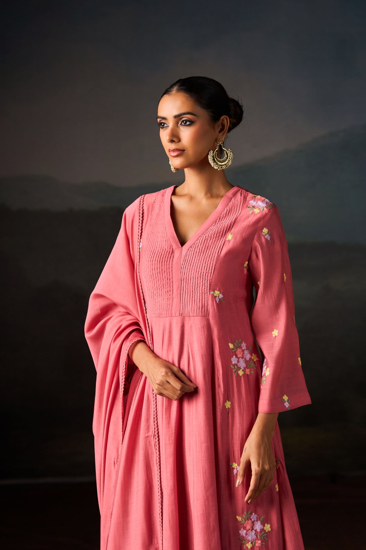 Rose Pink Floral Embroidered Anarkali Set With Dupatta