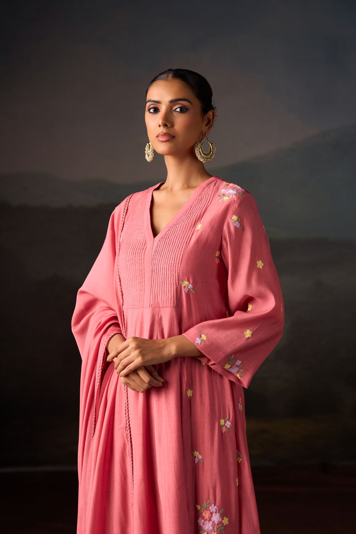 Rose Pink Floral Embroidered Anarkali Set With Dupatta