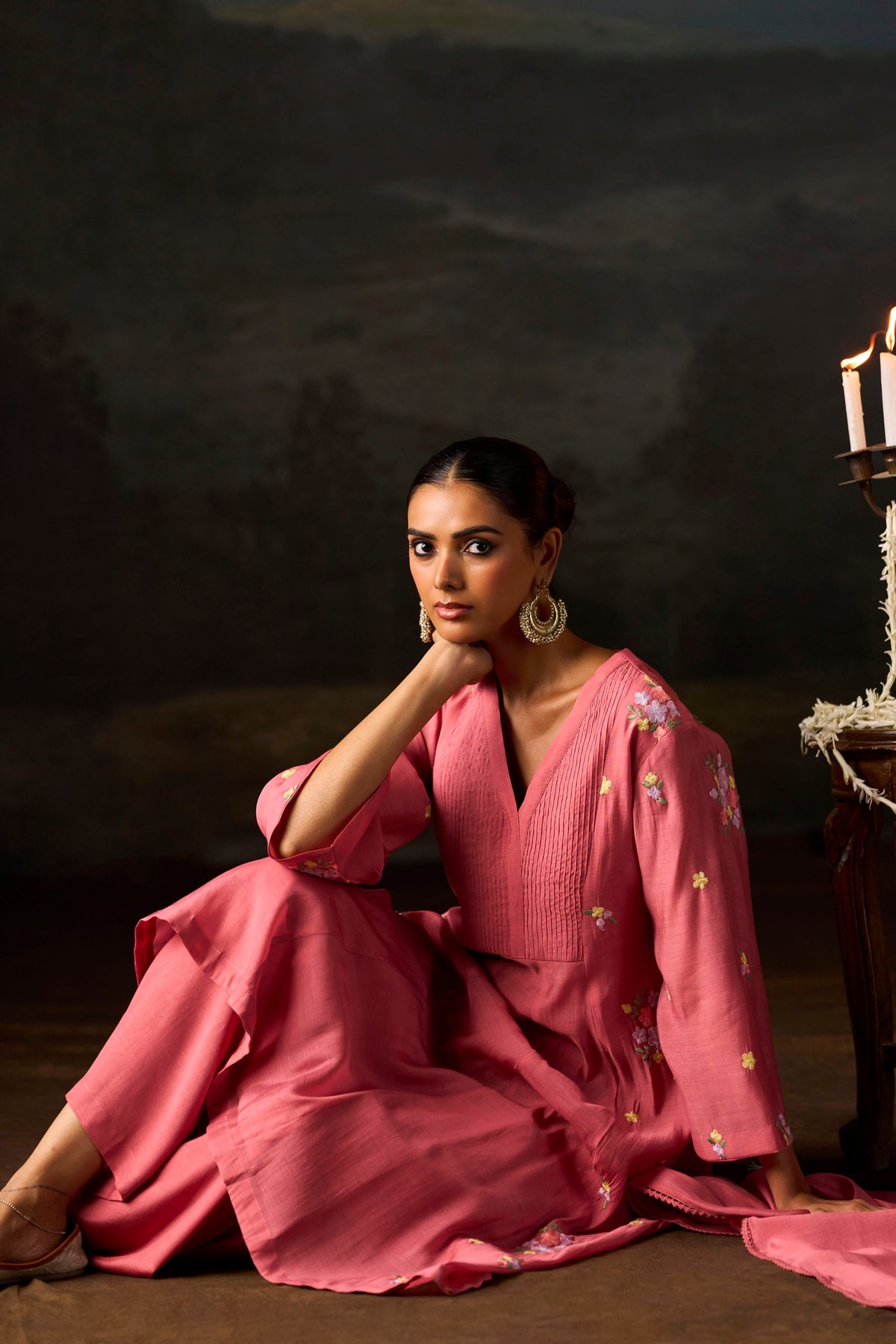 Rose Pink Floral Embroidered Anarkali Set With Dupatta