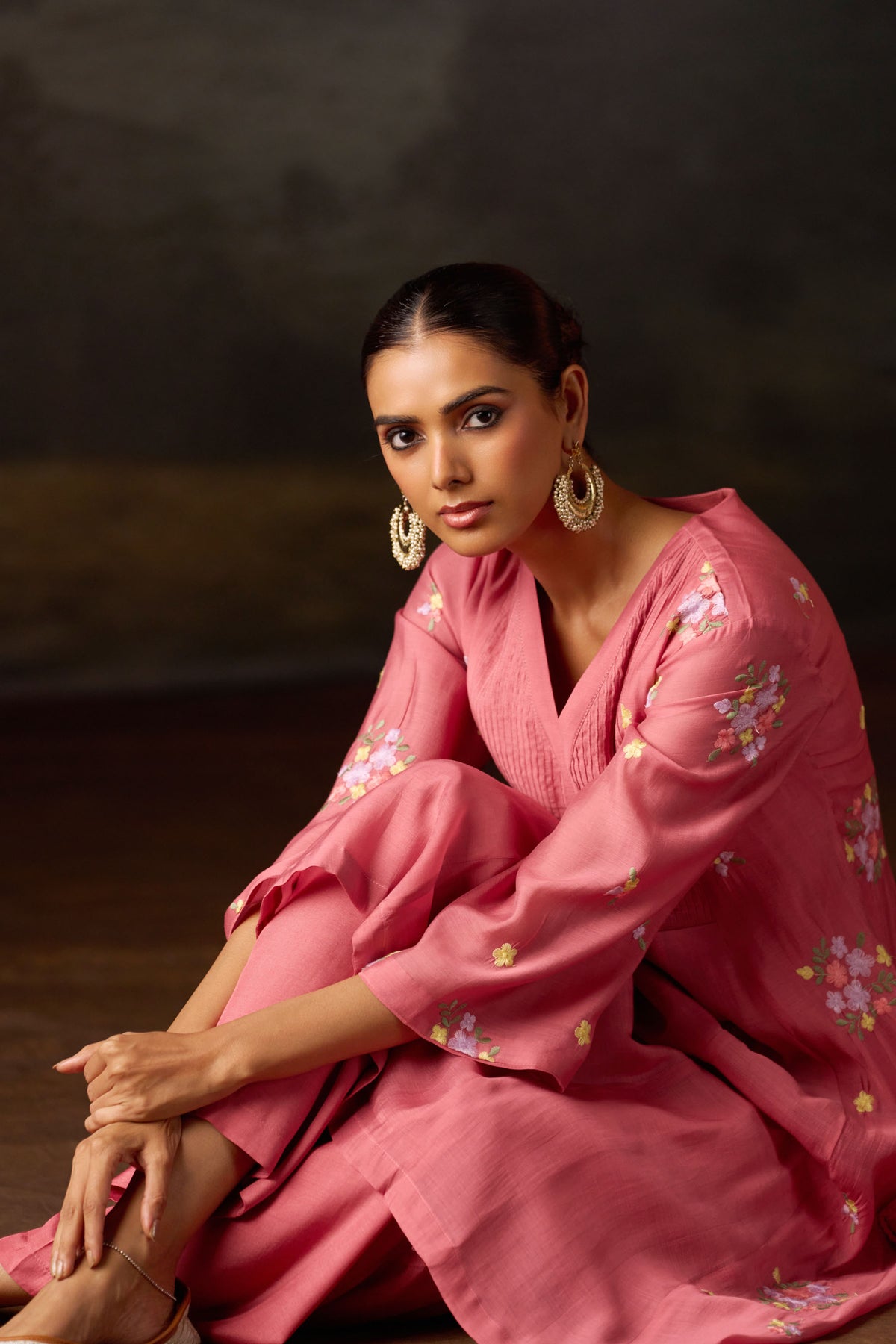 Rose Pink Floral Embroidered Anarkali Set With Dupatta