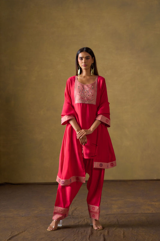 Fuchsia Chanderi Suit Set with Farshi Salwar and Dupatta