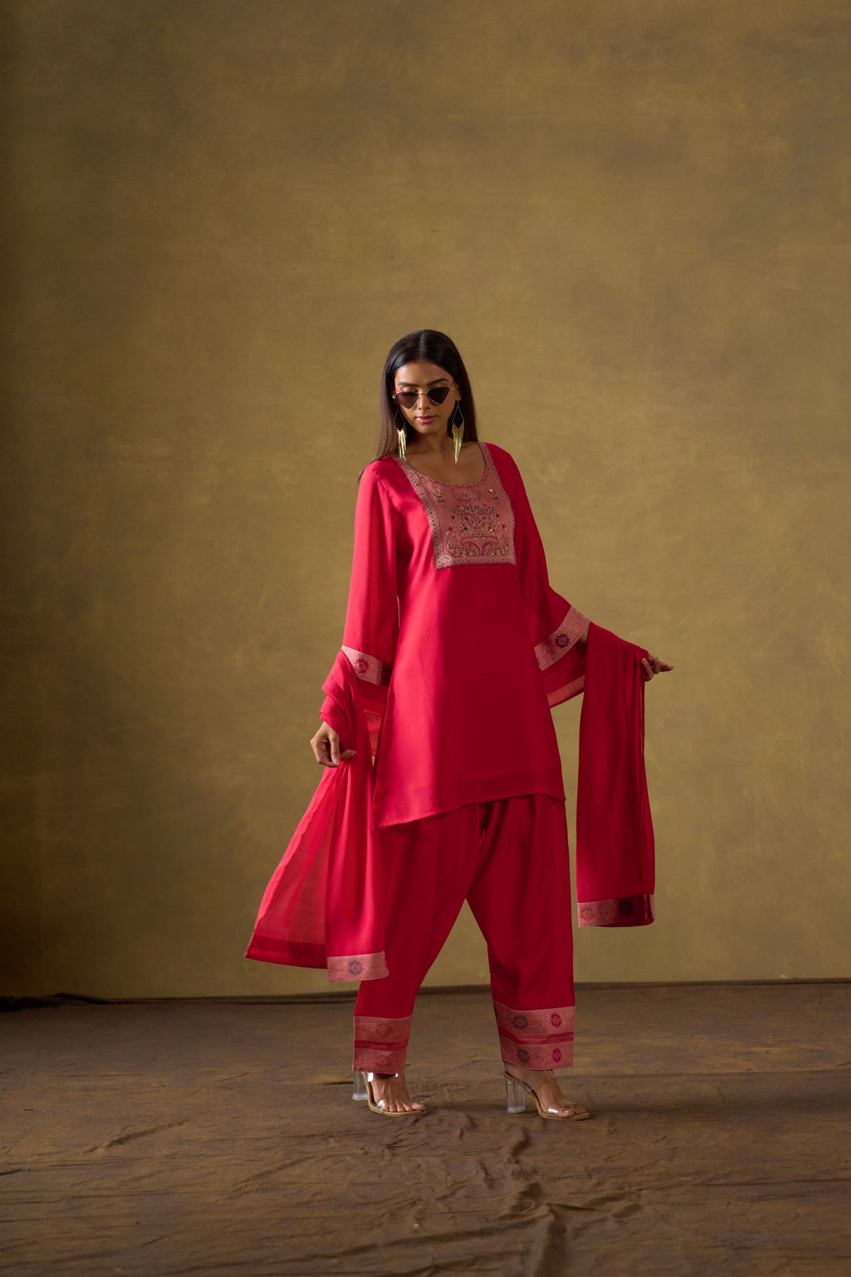 Fuchsia Chanderi Suit Set with Farshi Salwar and Dupatta