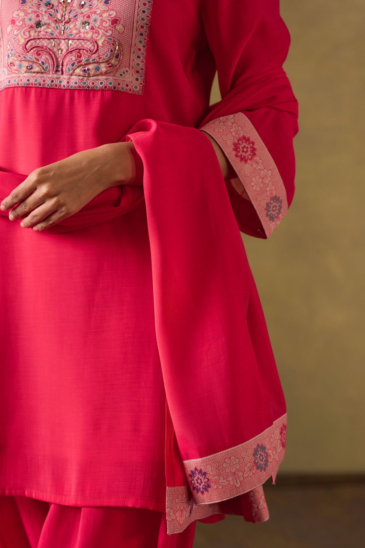 Fuchsia Chanderi Suit Set with Farshi Salwar and Dupatta