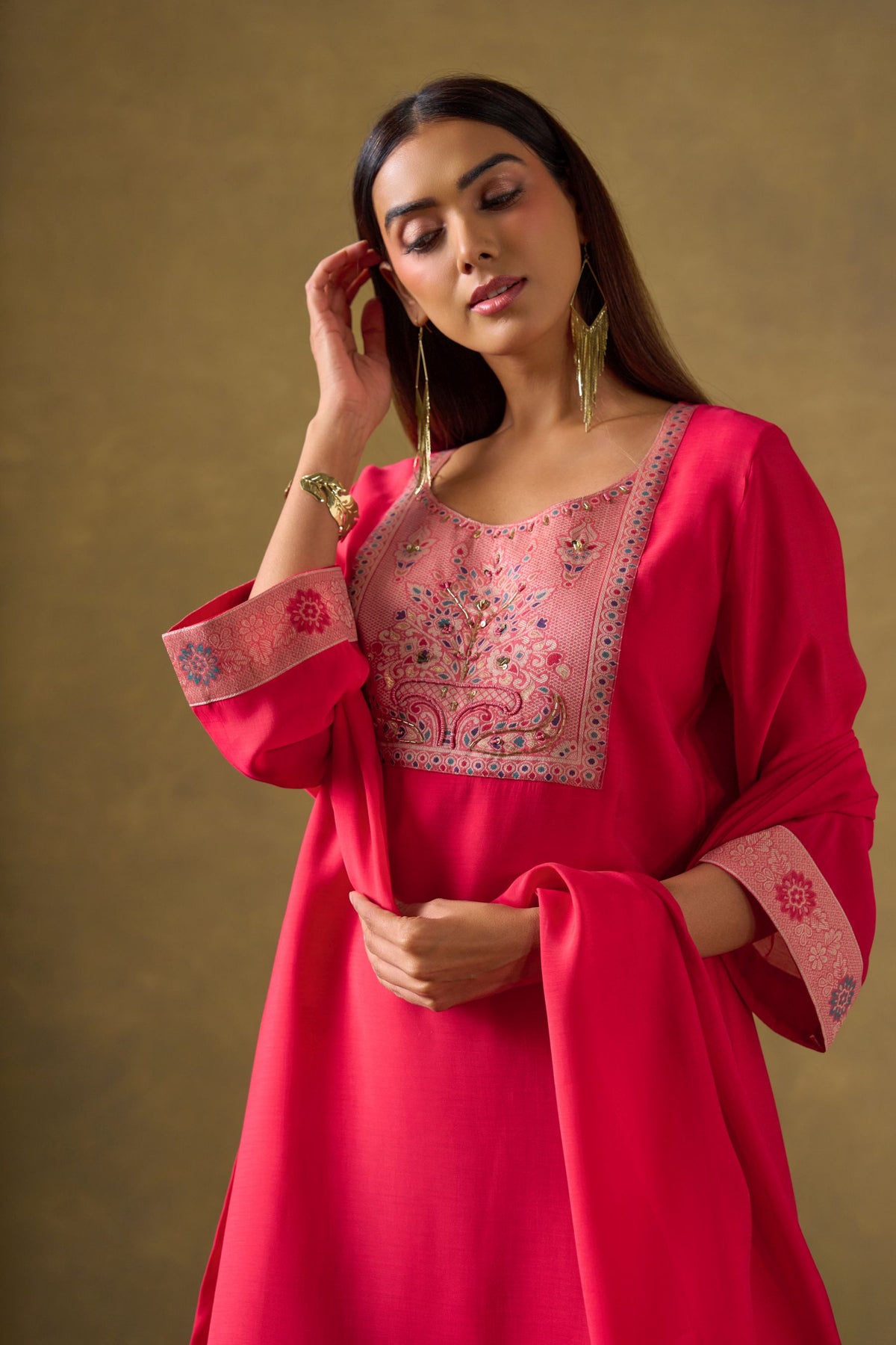 Fuchsia Chanderi Suit Set with Farshi Salwar and Dupatta