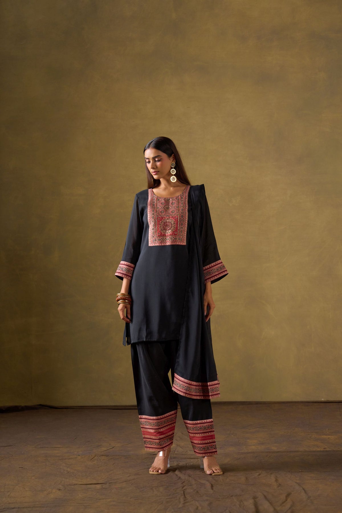 Black Chanderi Suit Set with Farshi Salwar and Dupatta