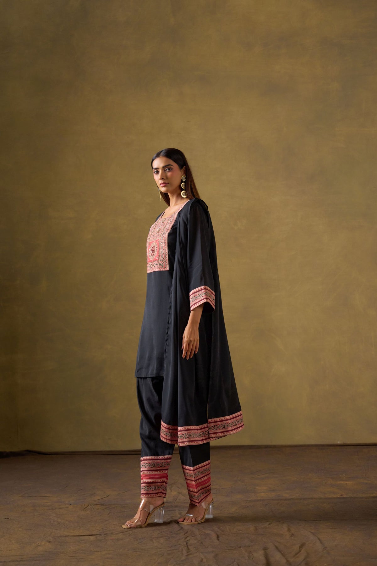Black Chanderi Suit Set with Farshi Salwar and Dupatta
