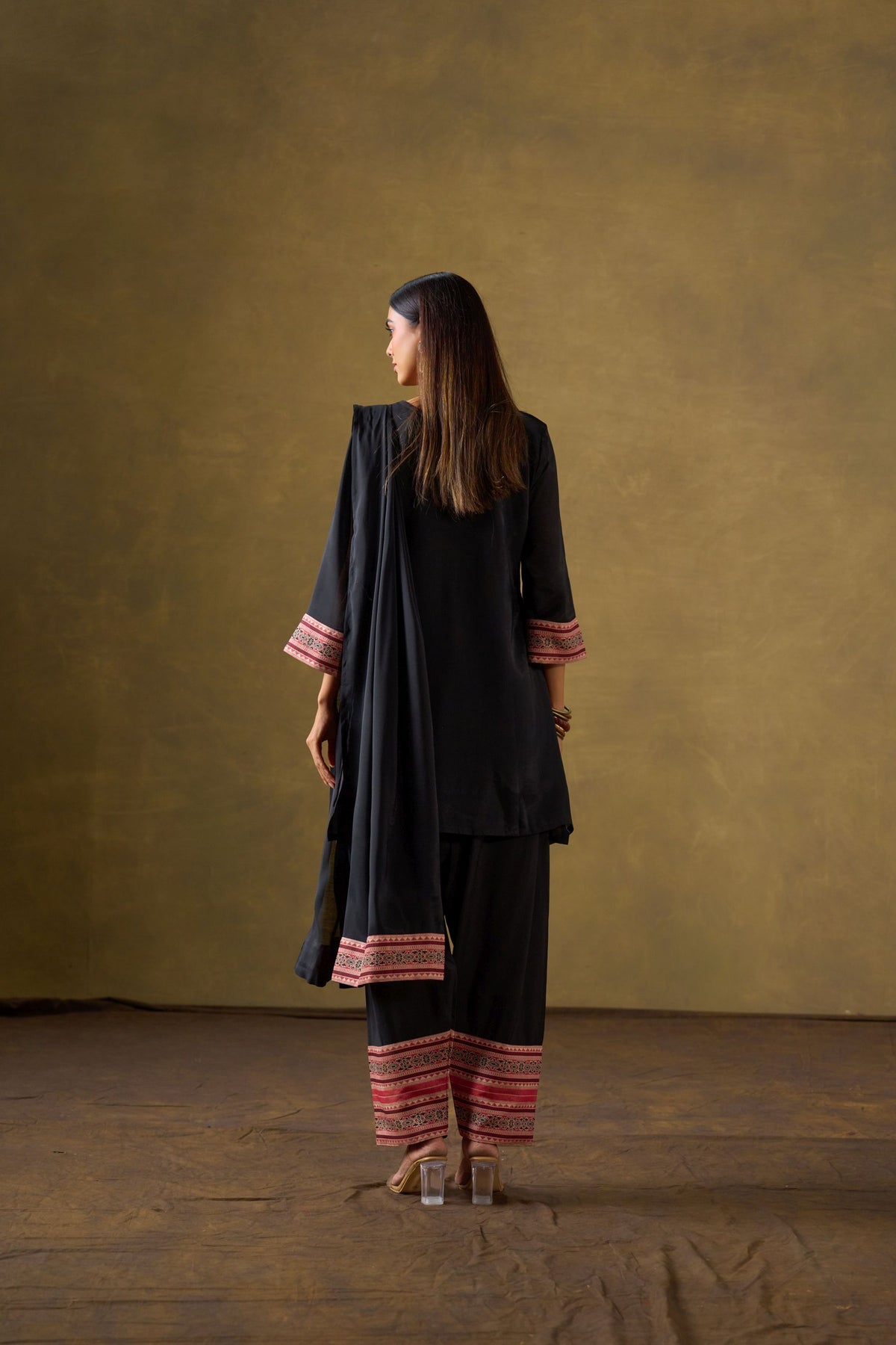 Black Chanderi Suit Set with Farshi Salwar and Dupatta