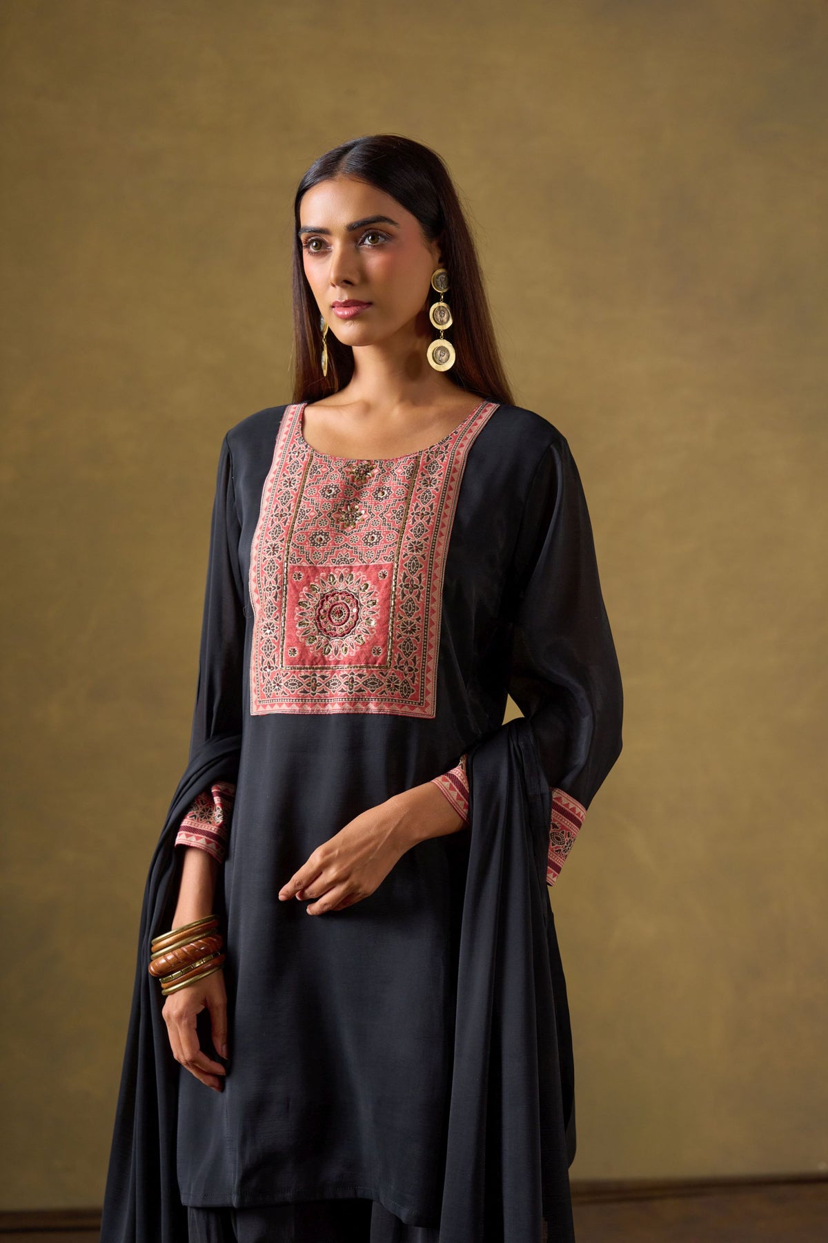 Black Chanderi Suit Set with Farshi Salwar and Dupatta