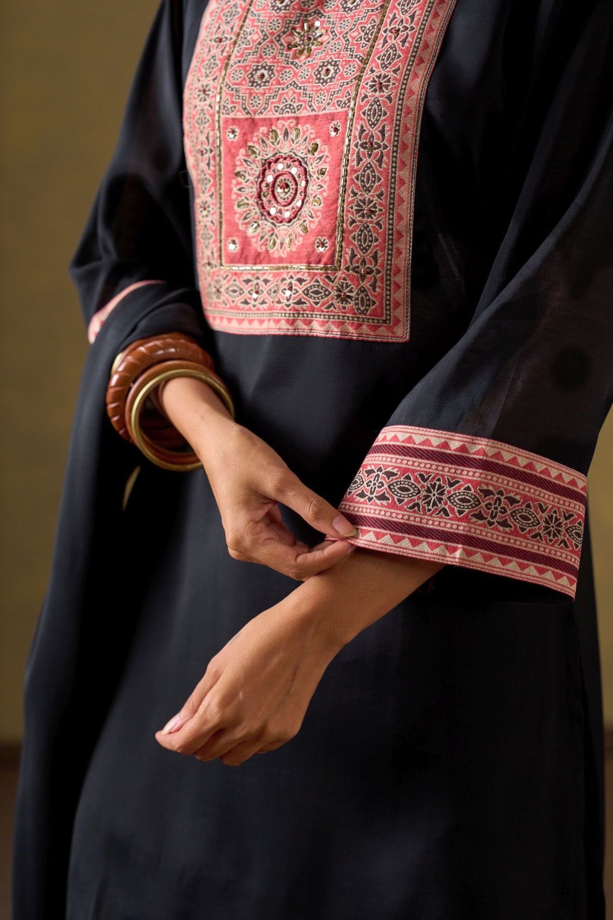 Black Chanderi Suit Set with Farshi Salwar and Dupatta
