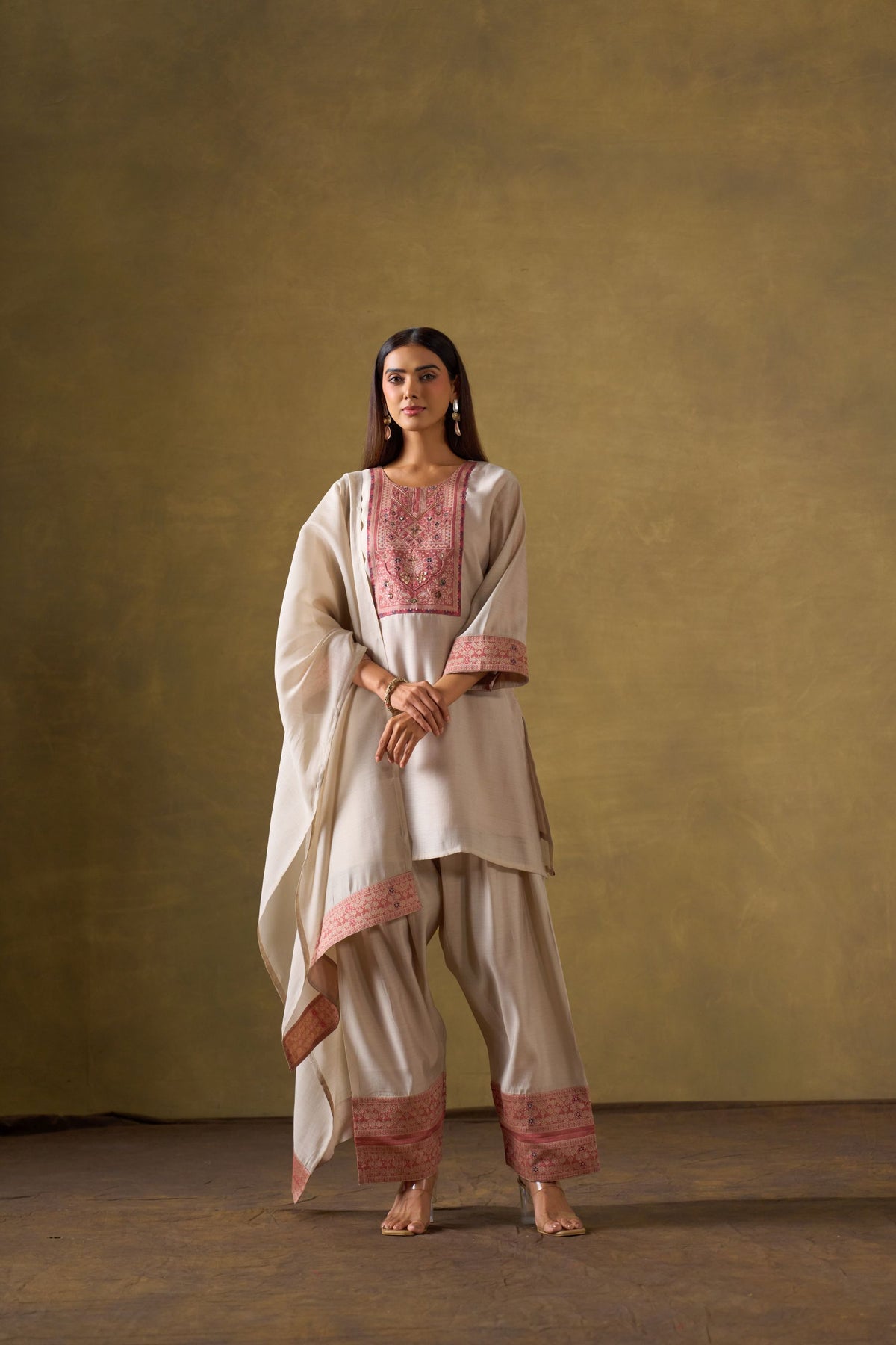 Cream Chanderi Suit Set with Farshi Salwar and Dupatta