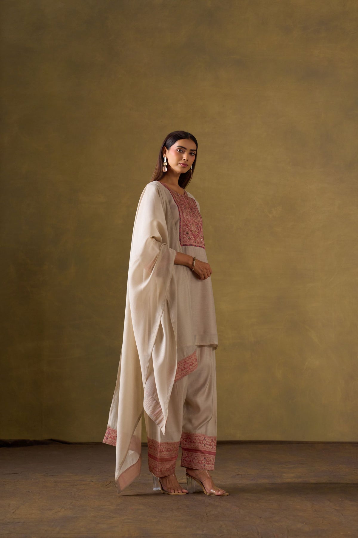 Cream Chanderi Suit Set with Farshi Salwar and Dupatta