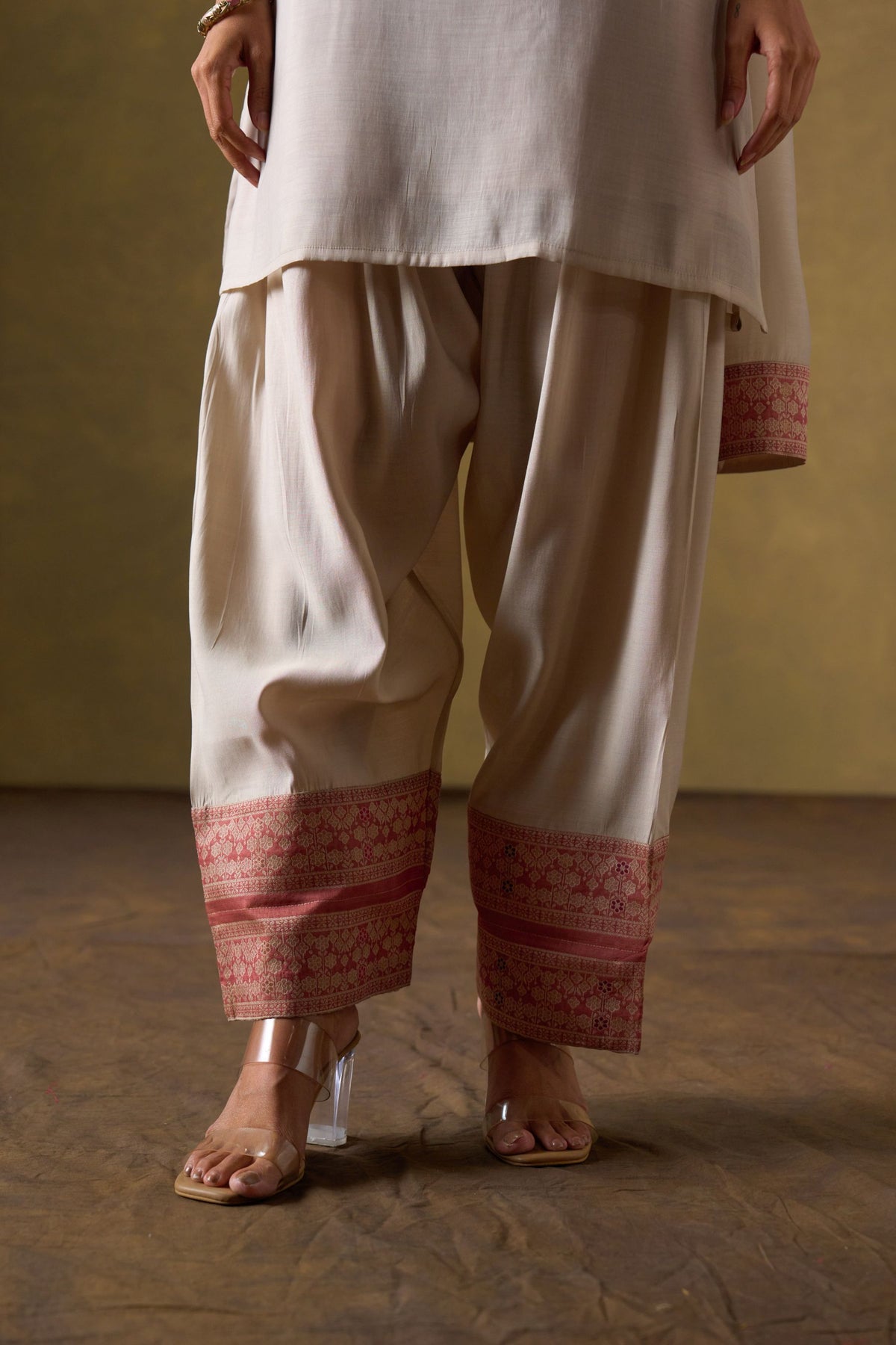 Cream Chanderi Suit Set with Farshi Salwar and Dupatta
