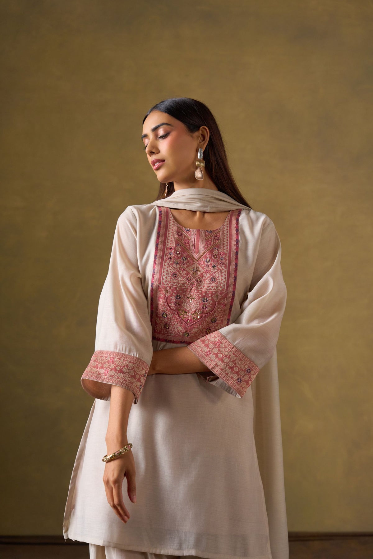 Cream Chanderi Suit Set with Farshi Salwar and Dupatta