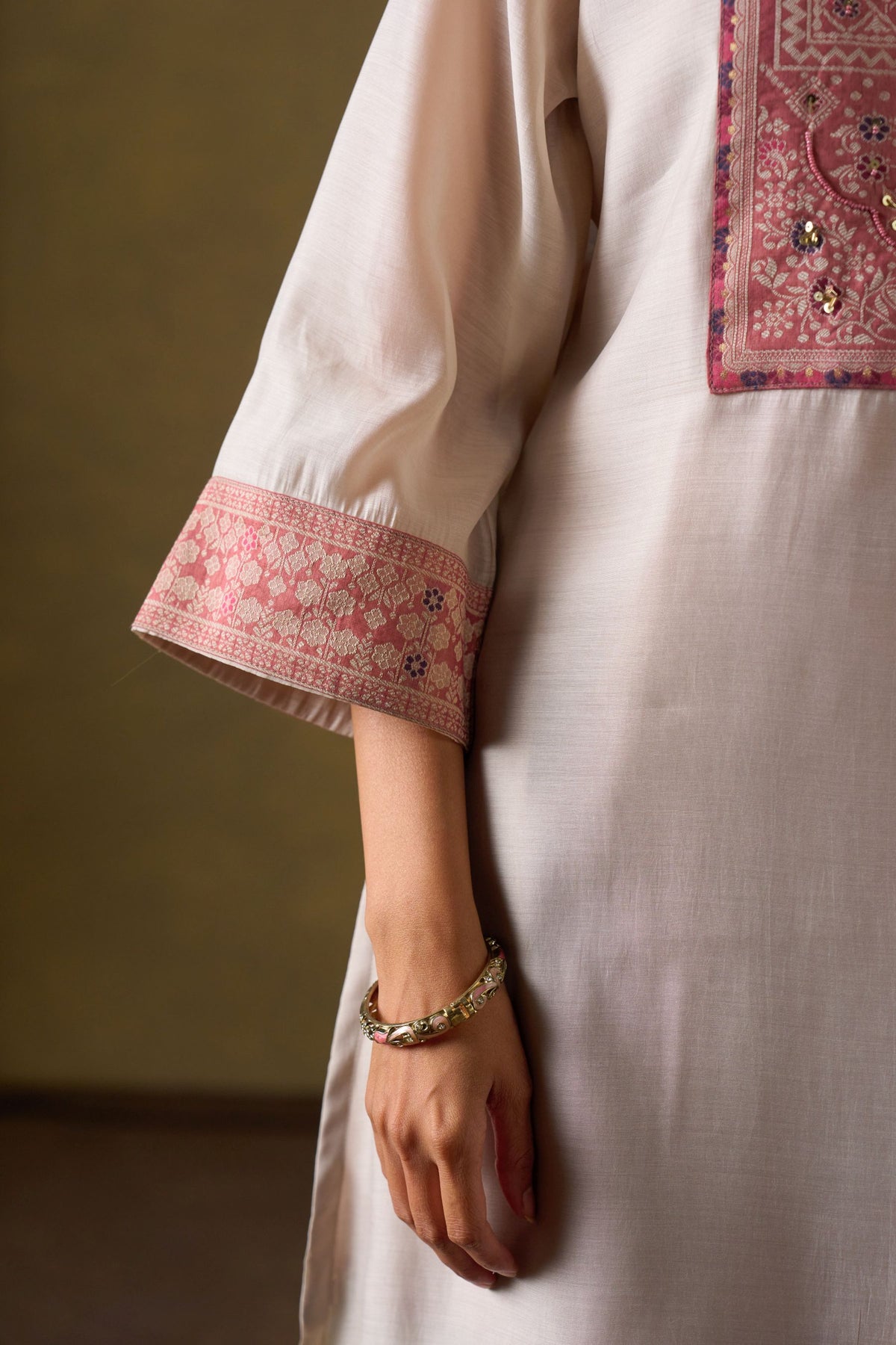 Cream Chanderi Suit Set with Farshi Salwar and Dupatta