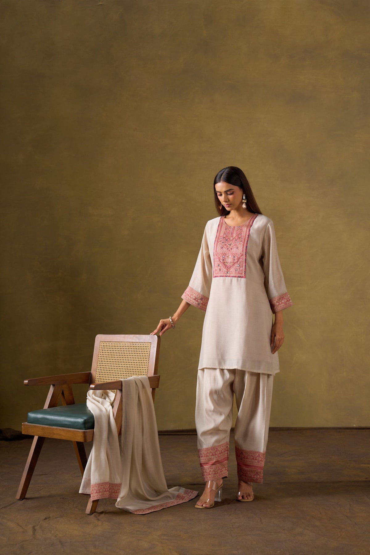 Cream Chanderi Suit Set with Farshi Salwar and Dupatta